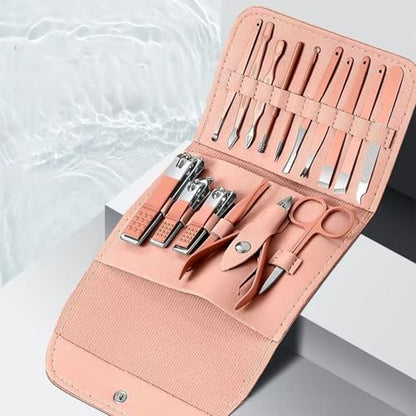 16 pcs Manicure Set Nail Clippers Pedicure Kit Stainless Steel Tools Portable Travel Case for Thick Nails(Rose Gold) - color: Rose Gold