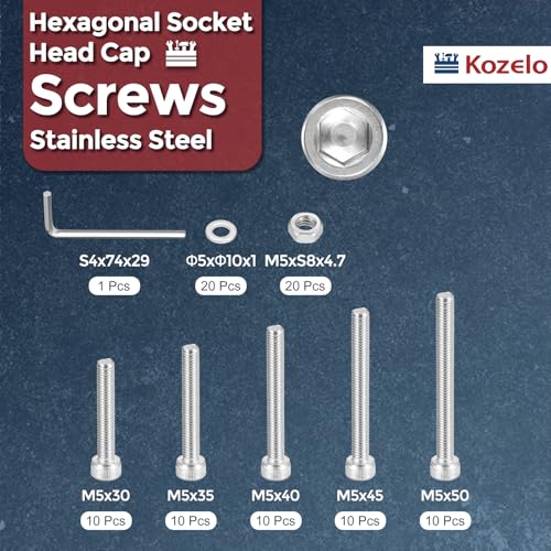 90pcs M5 Socket Head Cap Screws Bolts Nuts Assortment Kit - [M5x30/35/40/45/50mm] 304 Stainless Steel Allen Socket Drive for 3D Printer with Allen Wrench - size: M5x30/35/40/45/50mm