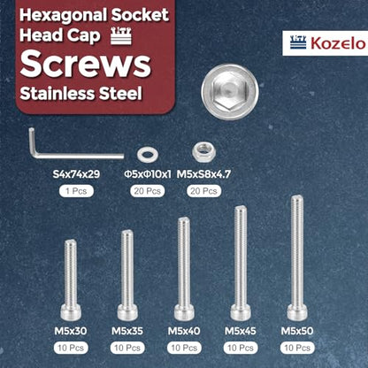 90pcs M5 Socket Head Cap Screws Bolts Nuts Assortment Kit - [M5x30/35/40/45/50mm] 304 Stainless Steel Allen Socket Drive for 3D Printer with Allen Wrench - size: M5x30/35/40/45/50mm