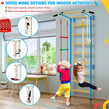 HONEY JOY Climbing Toys for Toddlers, Upgrade Metal Indoor Kids Gym for Solid Wall, Playground and Climbing Exercise Set with Rope Ladder, Pull-up Bar, Monkey Bars, Gymnastic Rings (5 in 1) - size: 5 In 1
