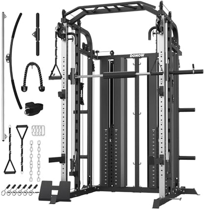 DONOW Smith Machine with Weight Stacks Home Gym System Cable Crossover | Multi Function, All in One, Heavy Duty, Lat Pulldown Bench, Hip Thrust Attachment, Smooth Smith Bar and Cable System - color: Standard Weight
