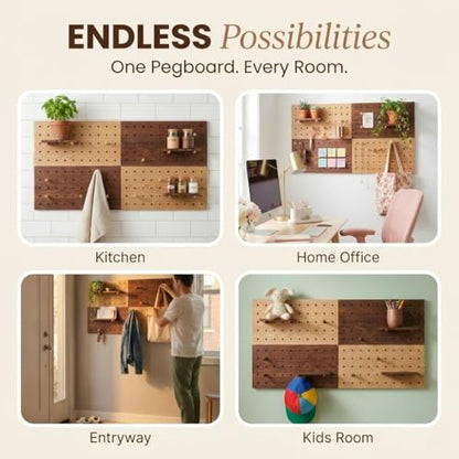 Wooden Pegboard Wall Organizer Kit – Modern Density Wood Peg Board with Shelves & Hooks – 2 Tone Natural & Brown Wood-Look Wall Organizer for Office Setup or Home Decor Storage Rack