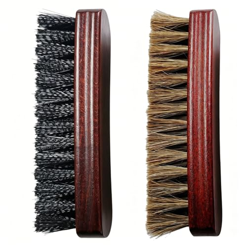 2 Pcs 6" Horsehair Brush and Stiff Bristle Sole Brush | Soft Pure Horsehair for Polishing and Dusting, Stiff Durable Nylon Bristle for Heavy-Duty Scrubbing, 6-Inch Beech Wood Handle - color: Black and Brown