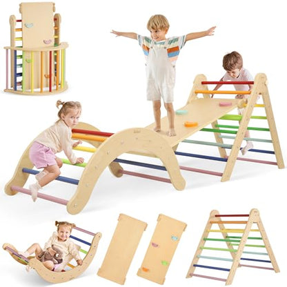 Belleur Pikler Triangle Set, 7-in-1 Foldable Climbing Toys for Toddlers 1-6 Years Old, Wooden Montessori Climbing Set with Arch, Ramp & Ladder, Baby Indoor Climber Jungle Gyms - Rainbow - color: Rainbow