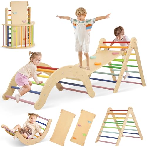 Belleur Pikler Triangle Set, 7-in-1 Foldable Climbing Toys for Toddlers 1-6 Years Old, Wooden Montessori Climbing Set with Arch, Ramp & Ladder, Baby Indoor Climber Jungle Gyms - Rainbow - color: Rainbow