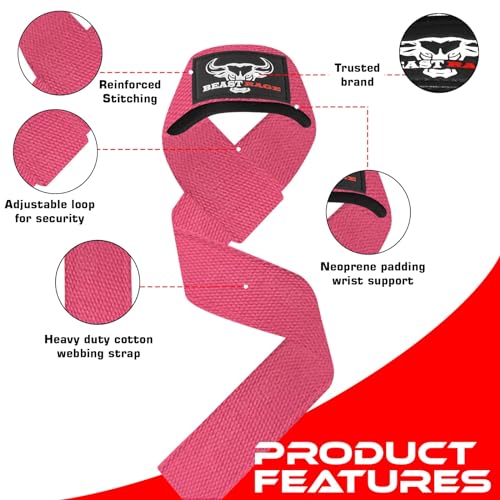 BEAST RAGE Lifting Wrist Straps for Weightlifting, Straps Gym Grip Power Workouts Lifting Straps Padded Neoprene & Premium Cotton Men Women, Deadlift Bodybuilding Exercise Lifting Straps - color: Pink
