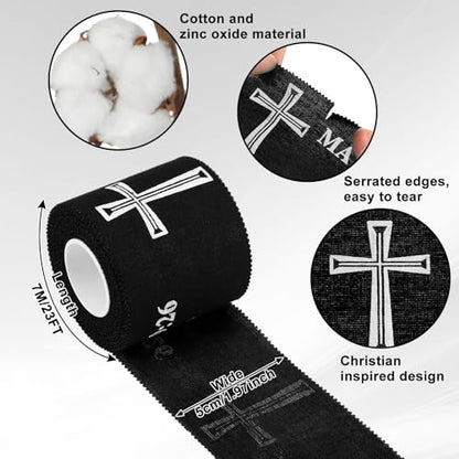 MiniInflat 2 Pcs Christian Cross Athletic Tape Sports Tape 2in x 23ft Religion Jesus Wrist Wrap for Soccer Football Baseball, Gift for Graduation Teacher Nurses Week Pentecost(Black,Matthew 19:26) - color: Black, style: Matthew