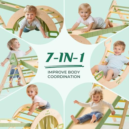 ROBUD 7 in 1 Pikler Triangle Set, Foldable Wooden Climbing Toys for Toddlers, Montessori Foldable Climbing Set with Rope Net, Ramp and Arch Climber for Girls & Boys
