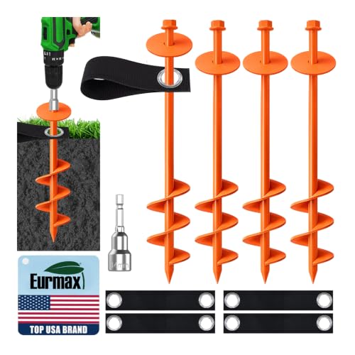 Eurmax USA 4 Pack Universal Ground Anchors High Wind, Heavy Duty Screw-in Trampoline Stakes with 4 Straps, Upgraded Commercial Anchor Kit for Outdoor Sheds, Swing Sets & Mobile Homes (Orange) - color: Orange, style: Hex Head