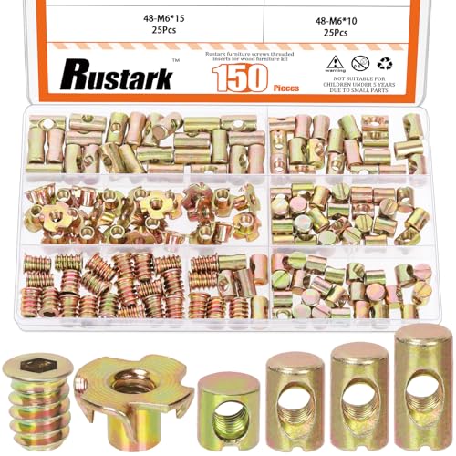 150Pcs M6 Yellow Zinc Barrel Nuts Four-jaw Tee Nuts and Threaded Insert Assortment Kit Metric Cross Dowels Slotted Nut T Nut Wood Inserts Bolt for Wood Furniture Beds Crib Chairs - style: 150pcs yellow zinc nuts assortment kit