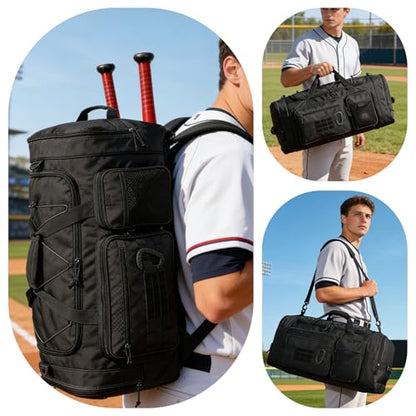 TUGUAN Large Baseball Softball Duffle Bag, 3 in 1 Baseball Equipment Duffel Backpack for Adult Youth, 65L Bat Bag with Shoes Compartment - 2 Bat Sleeves Fence Hook Hidden Dual Straps - color: Black
