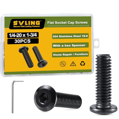 1/4-20 x 1-3/4" Bolt, 30PCS Flat Head Hex Socket Cap Screws Bolts, 304 Stainless Steel 18-8, Fully Threaded, Black Zinc Finish, with Hex Spanner - color: Black, size: 1/4-20 x 1-3/4