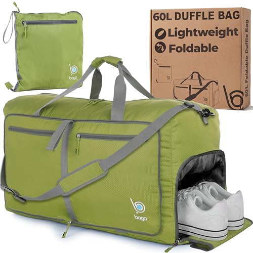 Bago Large Duffle Bag for Travel Women & Men. Durable Lightweight Foldable Travel Duffel Bags For Traveling Women. 60L Duffle Bags For Overnight Bag With Shoe Compartment Collapsible Weekender duffel - color: Green, size: 60L