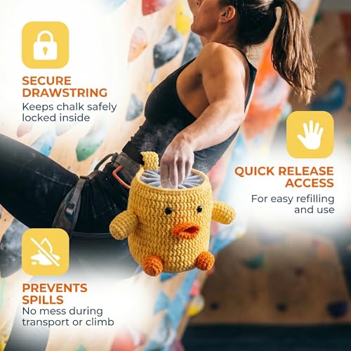Handmade Crochet Rock Climbing Chalk Bag, Fun Plush Animal Chalk Pouch with Drawstring, Adjustable Waist Belt for Indoor Outdoor Bouldering Sport Climbing - style: Yellow Duck