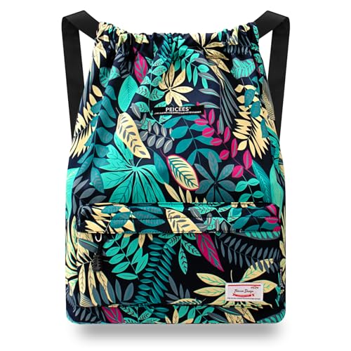 Peicees Waterproof Drawstring Sport Bag Lightweight Sackpack Backpack for Men and Women | Waterproof - color: X_blue Leaves