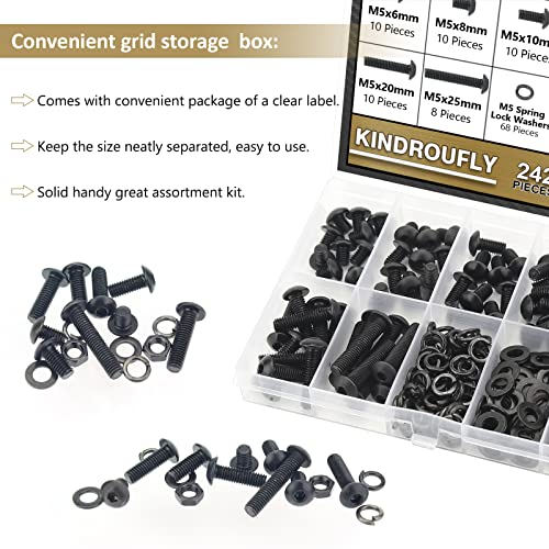 242 Pieces Black M5 x 6/8 /10/12 /16/20 /25mm Button Head Socket Cap Screws Nuts Washers Assortment Kit, 10.9 Grade Alloy Steel - size: M5, style: Button Head