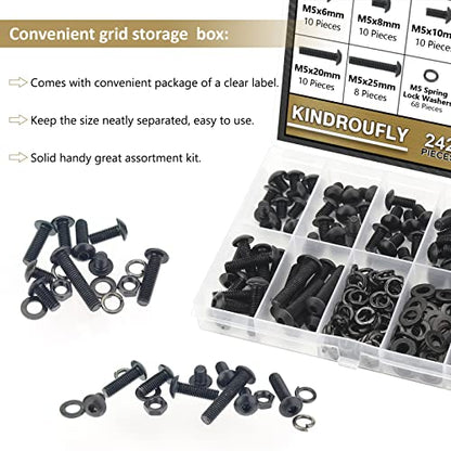 242 Pieces Black M5 x 6/8 /10/12 /16/20 /25mm Button Head Socket Cap Screws Nuts Washers Assortment Kit, 10.9 Grade Alloy Steel - size: M5, style: Button Head
