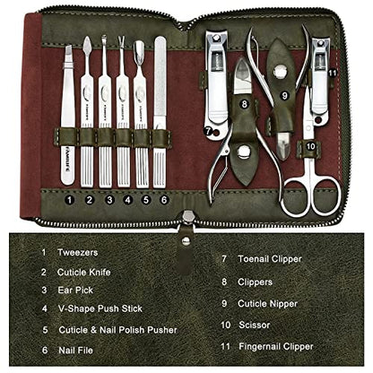 FAMILIFE Manicure Set, Professional Manicure Kit Nail Clippers Set 11 in 1 Stainless Steel Nail Pedicure Tools Kit Grooming Tool with Portable Green Leather Travel Case Luxury Gifts for Women and Men - color: Dark Green