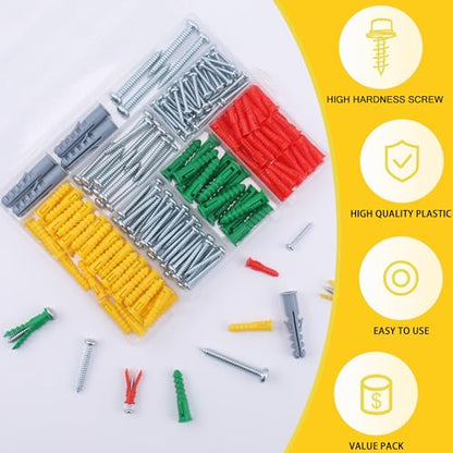 JEGONFRI 208PCS Drywall Anchors & Screws Kit, 4 Sizes, Wall Anchors | Versatile for Various Walls, Rust-Resistant Coating, High Load Capacity, Reusable Case