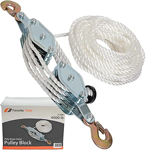 Poly Rope Hoist Pulley Block, 4000 LB 2 Ton 65 Feet of 3/8 “, 7:1 Lifting Power, Pulley Hoist for Lift Furniture, Motorcycles, Bicycles - color: Silver steel