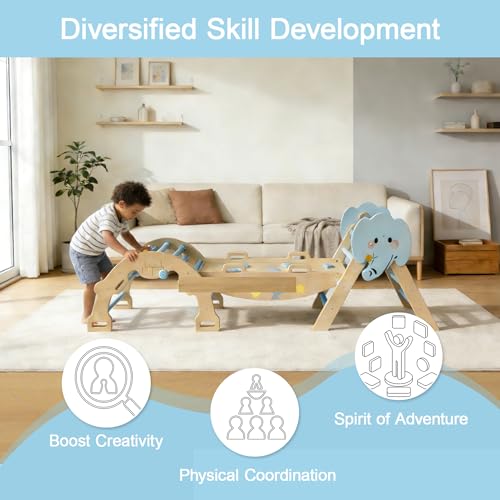 OUTLANE Pikler Triangle Set, 7-in-1 Foldable Wooden Toddler Climbing Toys Indoor, Jungle Gym for Toddlers, Large Montessori Climbing Set with Reversible Slide, Arch Ramp, Ladder, Draw Board & Cushion - color: Blue With Draw Board