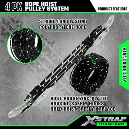 XSTRAP STANDARD Heavy-Duty 50 FT Reflective Rope Hoist Pulley System, Black | Metal Wheels Bearing 2000 LB Breaking Strength Block and Tackle Pulley System for Lifting Heavy Objects, with 2pcs Soft Loops - color: 50ft Black with Reflective Strips
