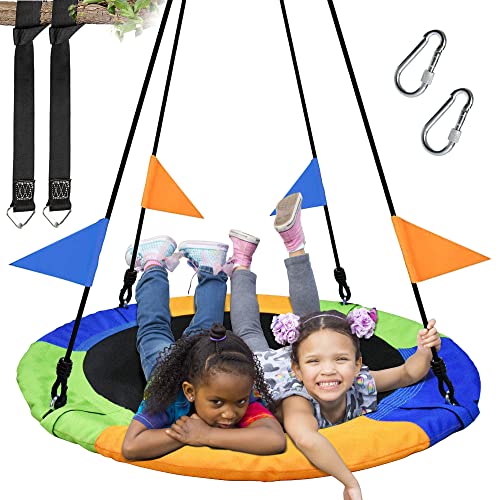 40 Inch Saucer Tree Swing Flying 900lb Weight Capacity 2 Added Hanging Straps Adjustable Multi-Strand Ropes Colorful Safe and Durable Swing Seat for Children - color: Multicolored, size: 40 IN
