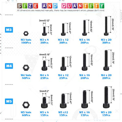 Glarks 510Pcs M3 M4 M5 12.9 Grade Alloy Steel Socket Cap Bolts Screws with Nuts Assortment Kit, Black Oxide Finish - size: Hex Socket Head Cap Screws Set
