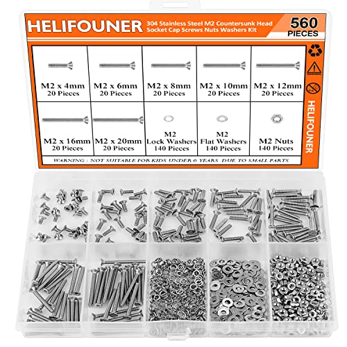 HELIFOUNER 560 Pieces M2 x 4mm /6mm /8mm /10mm /12mm /16mm /20mm, Countersunk Head Socket Cap Screws Bolts Washers Nuts Kit, 304 Stainless Steel - size: M2, style: Countersunk Head Socket Cap