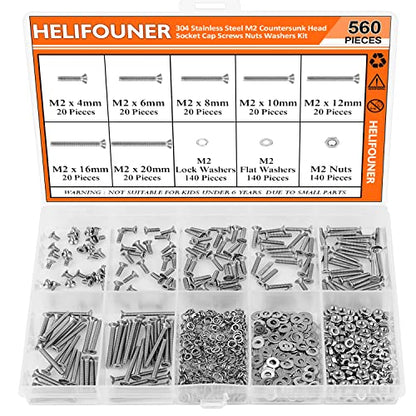 HELIFOUNER 560 Pieces M2 x 4mm /6mm /8mm /10mm /12mm /16mm /20mm, Countersunk Head Socket Cap Screws Bolts Washers Nuts Kit, 304 Stainless Steel - size: M2, style: Countersunk Head Socket Cap
