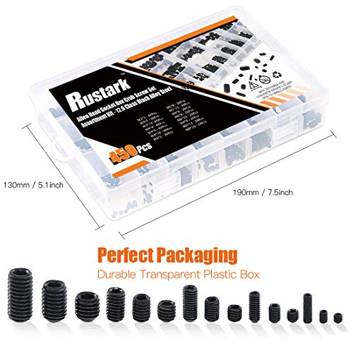 450Pcs M3/M4/M5/M6/M8 Allen Head Socket Hex Grub Screw Set Assortment Kit with Internal Hex Drive - 12.9 Class Black Alloy Steel