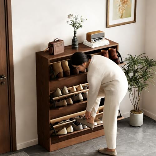 KungFuWood Soild Wood Shoe Storage Cabinet with 3 Flip Drawers for Entryway,Narrow Shoe Rack Cabinet with Adjustable Shelves 38 W, Morden Hidden Shoe Closet Wooden - color: Walunt, size: 38" W x11"D x 45.5"H