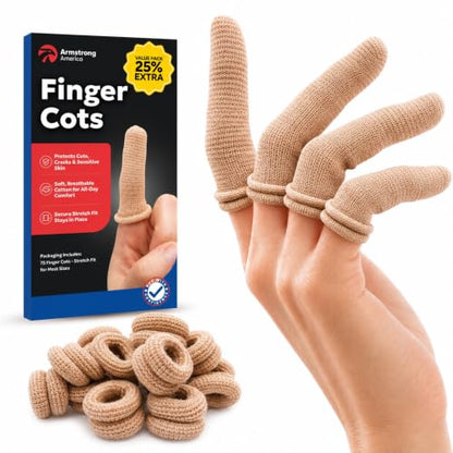 75 Pack Cotton Finger Cots, Finger Protectors Sleeves for Cuts, One Size | Breathable (no sweating), Double sided protection, Closed fingertip cover, Cotton Spandex, Great for Gardening, Work, Fitness