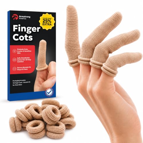 75 Pack Cotton Finger Cots, Finger Protectors Sleeves for Cuts, One Size | Breathable (no sweating), Double sided protection, Closed fingertip cover, Cotton Spandex, Great for Gardening, Work, Fitness