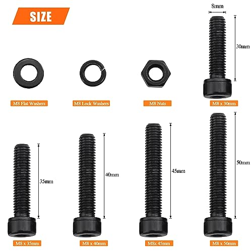 HELIFOUNER 70 Pieces M8 x 30mm /35mm /40mm /45mm /50mm, Hex Socket Head Cap Metric Screws Bolts Washers Nuts Kit, 12.9 Grade Alloy Steel, Fully Threaded, Black - size: M8 x 30/35/40/45/50mm, style: Socket Head