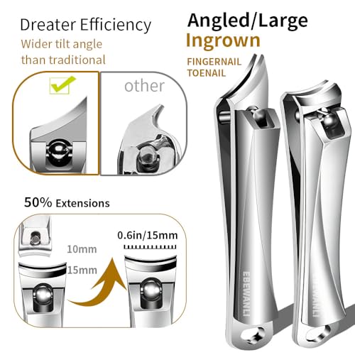EBEWANLI Nail Clipper Set, Slanted Angled Ingrown Toenail Clipper and Curved Nail Clipper Cutters, 2Pcs Stainless Steel Finger Nail Clippers Adult - color: Silver-set