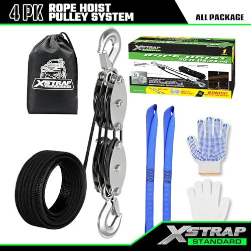 XSTRAP STANDARD Heavy-Duty 2,000 LB Breaking Strength 50 FT Rope Hoist | 1000Lbs work load, metal wheel bearing pulley for lifting heavy objects, includes 2 soft loops, heavy-duty rope hoist (Black) - color: 50ft Black Standard