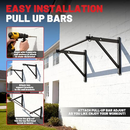 Wall Mounted Pull Up Bar, Chin Up Bar for Home Gym Strength Training | PAPABABE Sturdy Anti-Slip, Knurled Grip, Quick Install, Multi-Grip Versatile, Wall-Mounted Space-Saver 500 Weight Capacity - style: 52 inch