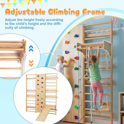10-in-1 Swedish Ladder Wall Gym Set, Wooden Indoor Climbing Frame for Kids and Adults with Slide, Swing, Rock Climbing Wall, Gymnastic Rings, Rope Ladder, and Pull-Up Bar, Home Playground