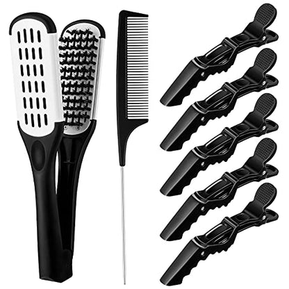 Honeydak Hair Straightening Boar Bristle Clamp Hair Comb, 5 Pieces Alligator Hair Clips, Pin Rat Tail Comb (White Comb) - color: White Comb