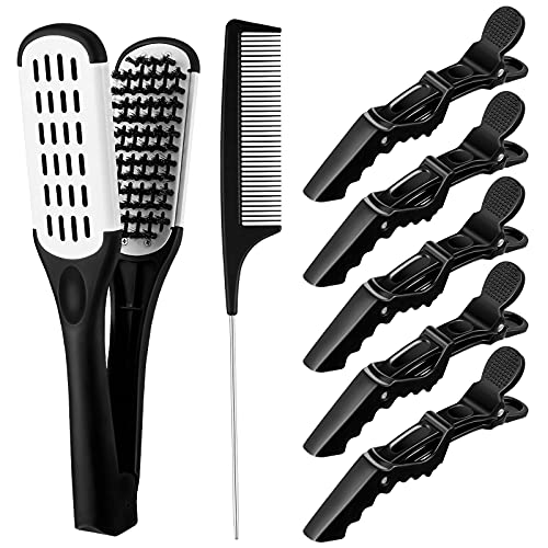 Honeydak Hair Straightening Boar Bristle Clamp Hair Comb, 5 Pieces Alligator Hair Clips, Pin Rat Tail Comb (White Comb) - color: White Comb