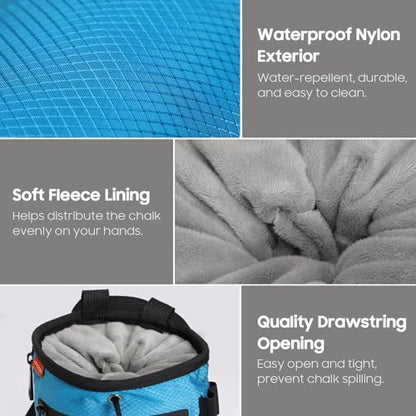 MoKo Climbing Chalk Bag with Chalk Brush, Waterproof Nylon Bouldering Chalk Bag Bucket with 2 Large Zippered Storage Pockets Drawstring Closure Adjustable Belt Chalk Bag for Climbing Gymnastics - color: Light Blue, style: Straight