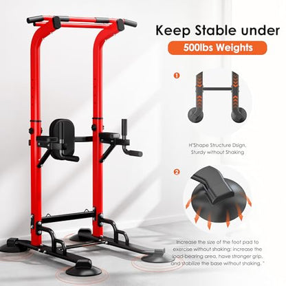 soges Power Tower Pull Up Bar Station, Dip Station for Home Gym, Height Adjustable Heavy Duty Strength Home Training Fitness Workout Equipment - color: Red-Bands