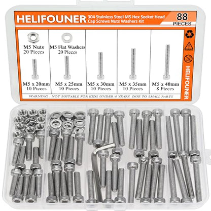 HELIFOUNER 88 Pieces M5 x 20mm /25mm /30mm /35mm /40mm, Hex Socket Head Cap Screws Bolts Washers Nuts Kit with Hex Wrench, 304 Stainless Steel - size: M5 Screw Kit (88 PCS)