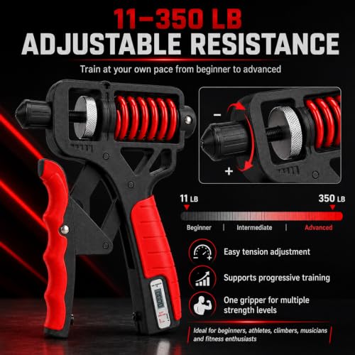 Ergonomic Adjustable H-Grip Hand Trainer with Counter | 11–350lb Hand Gripper with Alloy Frame, Titanium-Plated Spring and TPR Non-Slip Handles for Finger, Wrist & Forearm Training - color: Red