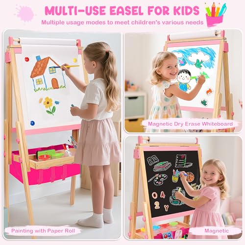 Wooden Easel for Kids, All-in-ONE Adjustable Easel with Art Supplies, Magnetic Double Sided Whiteboard & Chalkboard, Ideal Christmas, Birthday Gift for Boys & Girls Age 3, 4, 5, 6, 7, 8+ Years Old