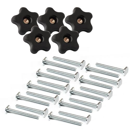 POWERTEC 72075 5/16"-18 Knobs & T Bolts Set 5pcs 5-Star Clamping Knobs with 20pcs 2-1/2 Inch Long T Slot Bolts for T Track Accessories, Feather Boards, Woodworking Jigs and Fixtures - size: 5/16"-18 Knobs (5pcs) & T Bolts Set (20pcs)