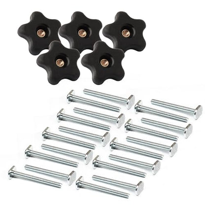 POWERTEC 72075 5/16"-18 Knobs & T Bolts Set 5pcs 5-Star Clamping Knobs with 20pcs 2-1/2 Inch Long T Slot Bolts for T Track Accessories, Feather Boards, Woodworking Jigs and Fixtures - size: 5/16"-18 Knobs (5pcs) & T Bolts Set (20pcs)