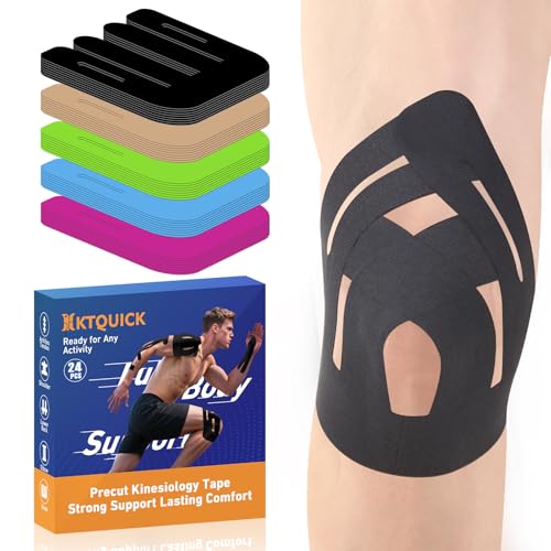 KTQUICK Precut Kinesiology Tape for Knees,12PCS,Stronger Adhesive Black | Upgraded Designed Knee Tape with Premium Cotton, Breathable, Waterproof, Latex-Free Athletic Tape for Running, Gym & Hiking - color: Black, size: 12PCS