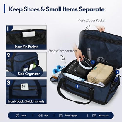 Haimont 60L Foldable Travel Duffel Backpack, Navy Blue | Shoe Compartment, Stowable Straps, U-Shaped Opening, Water-Resistant Build - color: Navy Blue